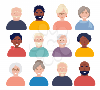 Old people avatars. Elderly characters portraits faces for cv or id documents vector flat web avatars. Grandmother and grandfather retirement, group elderly people illustration
