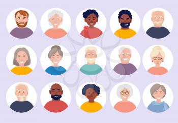 Elderly people avatars. Old person faces for web cv or id doc vector characters portraits collection. Elderly person character, people woman and man illustration