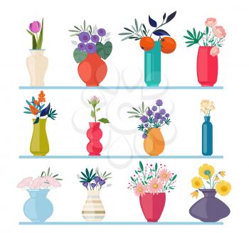 Spring flowers. Beautiful buds branches in vases summer flowers vector nature pictures isolated. Spring flower, floral summer vase illustration