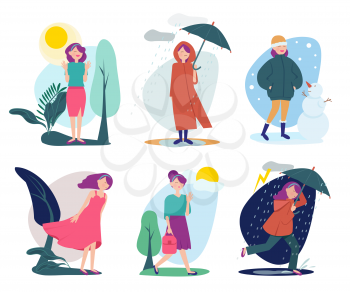 Woman weather. Seasonal people walking with umbrella summer cold rainy shiny windy outdoor vector person. Illustration season summer and spring, autumn and winter