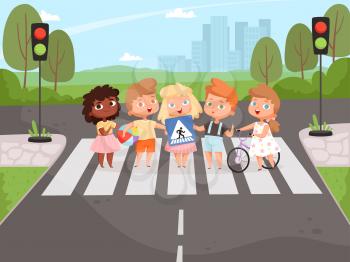 Crossroad rulles. Children learning safety road traffic lights on street and signboards vector background. Safety child boy and girl, cartoon crossing road illustration