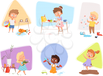 Messy kids. Happy children playing in various energy games making troubles destroy toys delinquent vector characters. Illustration childhood, playing and playful preschooler