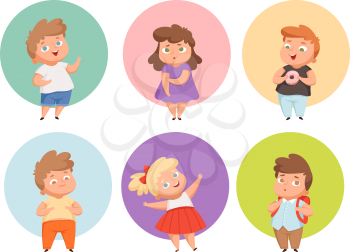 Fat kids. Oversize children clothes eating fastfood and junk snacks chubby characters overweight vector people. Illustration children oversize and overweight, character fatty unhealthy, obese body