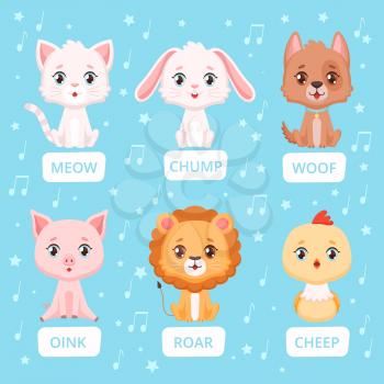 Animals sounds. Zoo characters communication animals talking words vector cartoon illustrations. Rabbit and cat, lion and pig talking speech