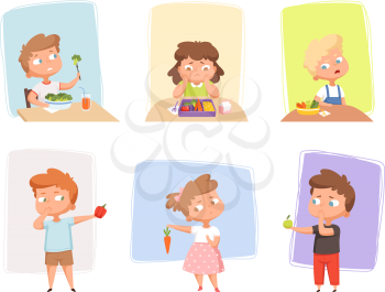 Vegetables for children. Unhappy kids dont like healthy fruits and vegetables emotional eating junk food sweets delicious meal hungry persons vector set. Kid dislike eating healthy food illustration