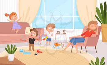 Active kids. Games in living room hyperactive messy kids playing and making troubles on sofa angry parents vector cartoon characters. Activity characters, people mother and kids illustration