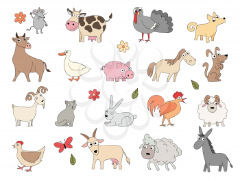 Domestic animals. Cute funny farm horse pig chicken duck bool and sheep vector coloring drawing set. Domestic pig and goat, horse and chicken illustration