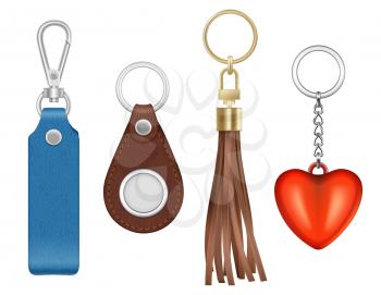 Trinket realistic. Different shapes and textures of keychains metal and golden circle rings vector trinket collection. Illustration keychain and leather, metal ring realistic