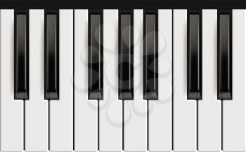 Piano keys. Realistic musical instrument for jazz band white and black keys with reflection effects vector picture. Piano octave, acoustic instrument, keyboard black white classic illustration