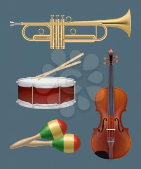 Musical instruments. Piano sax guitar and other handy instruments for music band vector realistic set. Music instrument for jazz concert, trumpet and violin illustration