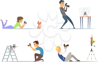 Animal photographers. Bloggers with photo cameras and pets vector illustration. Photographer and pet shooting by camera