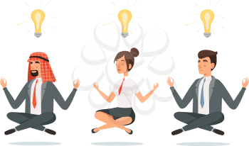 Business people meditation. Relaxation, international team finding ideas. Creative men and woman, managers time out vector illustration. Business people harmony concentration, entrepreneur sitting