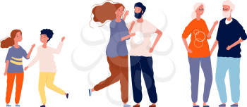 Different ages one couple. Kids, adults and elderly characters. Long friendship, man woman in love, partnership and family vector illustration. Woman and man couple love, teenagers or pensioners