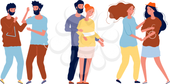 Different couples. LGBT, lesbian and gays, homosexual and heterosexual people. Men women in love, happy friends and families vector illustration. Lgbt homosexual couple, lesbian love and gay together