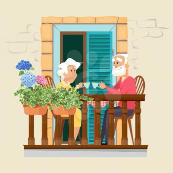 Elderly couple on balcony. Neighborhood, stay home concept. Cute old man and woman drink tea on floral terrace vector illustration. Elderly on quarantine, window balcony, family lifestyle