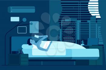 Gadget addiction. Man at night with smartphone, male insomnia. Sleep time, boy wake up in dark room vector illustration. Addiction gadget, internet media online night