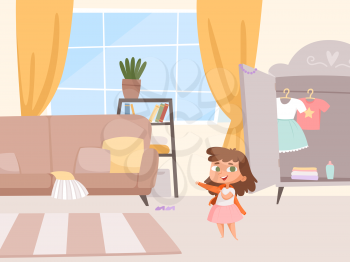 Girl dressing. Little baby in room interior, wardrobe and sofa. Independent child changes clothes vector illustration. Girl dressing in room with furniture