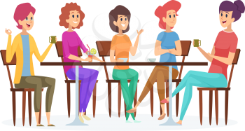 Girlfriends meeting. Cute women party, female with drinks talking and smiling. Isolated girls in cafe vector illustration. Meeting coffee adult, conversation in restaurant