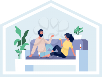 Happy couple stay home. Domestic lifestyle, isolation period together. Hygge life, man woman on sofa drinking wine vector illustration. Couple woman and man in quarantine, family isolation at home