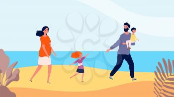 Happy family walking on beach. Travel time, mother father daughter and son. Summer time, sea or ocean relaxing vector illustration. Family walk together, happy people with kids