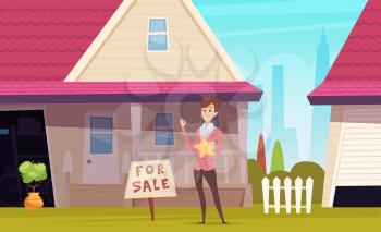 House for sale. Suburb lifestyle, realty agent and building. Cartoon girl with rating star, home seller vector illustration. Apartment construction sell, offer architecture home