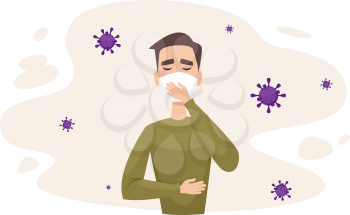 Man in protective mask. Flu virus protection, boy health and safety. Pollution air or disease epidemic vector illustration. Man in mask protection virus and flu