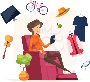 Online shopping. Woman with smartphone buy different things. Stay home, isolation period digital smart delivery service vector illustration. Online shop, internet buy marketing and sale