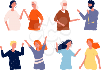 People meeting after isolation. Happy woman man, family and friends together. Boys girls, parents hugging vector illustration. Woman and man meeting together, group people happy
