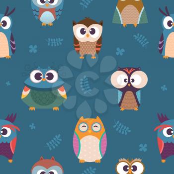 Owl pattern. Kids seamless wallpaper wild night colored birds with feather wings. Vector wallpaper bird owl, animal feather wing illustration