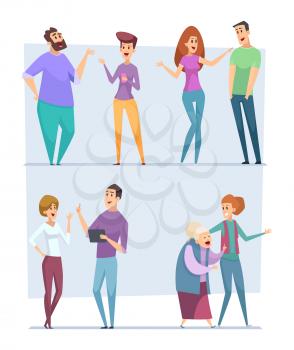 Dialogue people. Expression characters pointing top speech persons conversation crowd vector messengers talking people vector pictures. People communication group, man and woman illustration