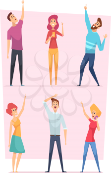 Looking up. People pointing in sky group of happy characters vector illustrations. People crowd audience looking and pointing up