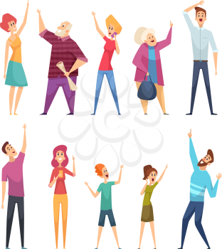 People looking up. Crowd watching and pointing in sky vector cartoon persons. Pointing up and watching, person looking to sky illustration