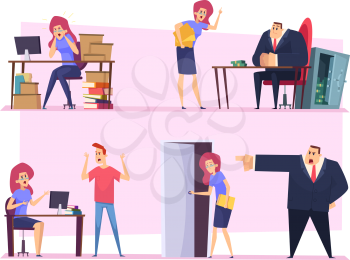 Burnout work. Business manager stuff lazy working angry boss bad atmosphere disrespectful employee nervous persons vector characters. Lazy person, businessman character burnout illustration