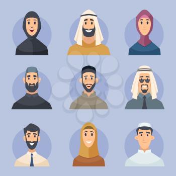 Muslim avatars. Arabic male and female characters front view portraits faces vector east people. Avatar muslim man and woman illustration