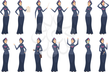Muslim woman. Arabic business female characters in black dresses arabize and saudi girls vector people. Character female arab, muslim people, arabic woman illustration
