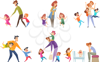 Active kids. Big family tired parents playing with children adult in action poses vector cartoon characters. Illustration tired parent with kids,, fatherhood and motherhood