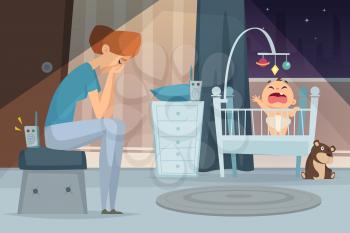 Depressing mother. Tired woman sitting near screaming baby in bed sick child vector cartoon background. Tired and depression, baby and mother illustration