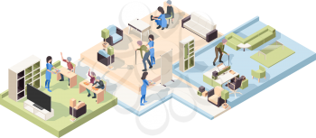 Nursing home isometric. Elderly male and female characters lifestyle healthcare professional medical senior helping vector people. Nursing retirement, medical support grandparents illustration