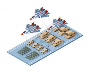 Military parade. Army armor combat uniform soldiers troop and war power vehicle tanks hard weapons holiday presentation vector isometric. Army military, patriotic armed demonstration illustration