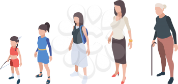 Generations people. Kids girls daughter woman mother grandmother vector isometric characters. Process aging generation from childhood to pensioner illustration