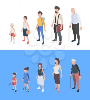 Generations persons. Male and female characters boys and girls man woman mother father seniors vector generation of peoples. Process growing and aging, development generation illustration
