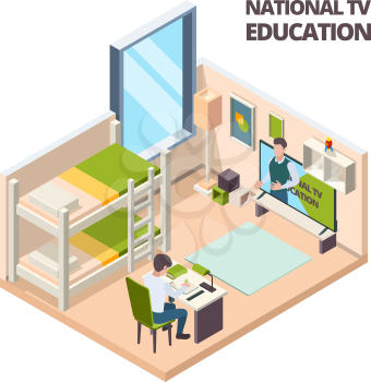 Online lesson at home. Kids student study at home sitting table and watching in computer vector isometric interior. Illustration e-learning education, lesson online