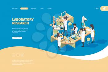 Science person landing page. Doctors laboratory scientist working on the table biotechnology medical vector concept. Laboratory science, scientist research chemistry illustration
