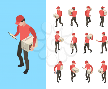 Delivery couriers. Postal and cargo service workers holding packages people standing walking vector isometric characters. Cargo worker with parcel or package illustration