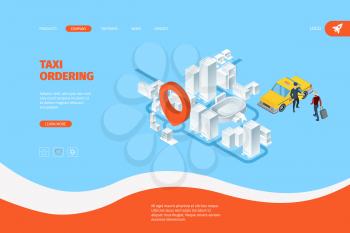 Taxi landing. Advertizing business web page with route map and yellow taxi car service destination indicator vector concept. Illustration taxi yellow cab ordering, page app online transport