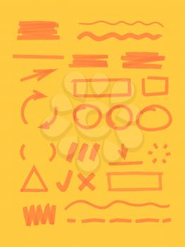 Highlight markers. Striped lines dotted shapes dividers and frames for news highlight vector pen marks circles and arrows. Pen stroke sketch, mark underline brush, marker highlight grunge illustration