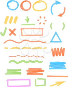 Colored marker highlights. Drawing strokes elements round and square frames transparent stripped lines scribble vector templates. Stroke marker highlight, brush drawn underline illustration