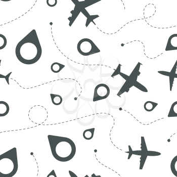 Airplane dotted route. Travel template civil aviation symbols airplane path flight vector seamless pattern. Flight aviation way and path airplane, transportation travel air illustration