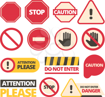 Attention signs. Stop walking and of route dont disturb help signals vector admittance signboards collection. Attention and danger, safety and warning stop icon, restriction symbol illustration