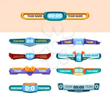 Scring boards. Score graphics versus players information banners timer and team statistics vector template. Illustration competition and championship, football tournament score